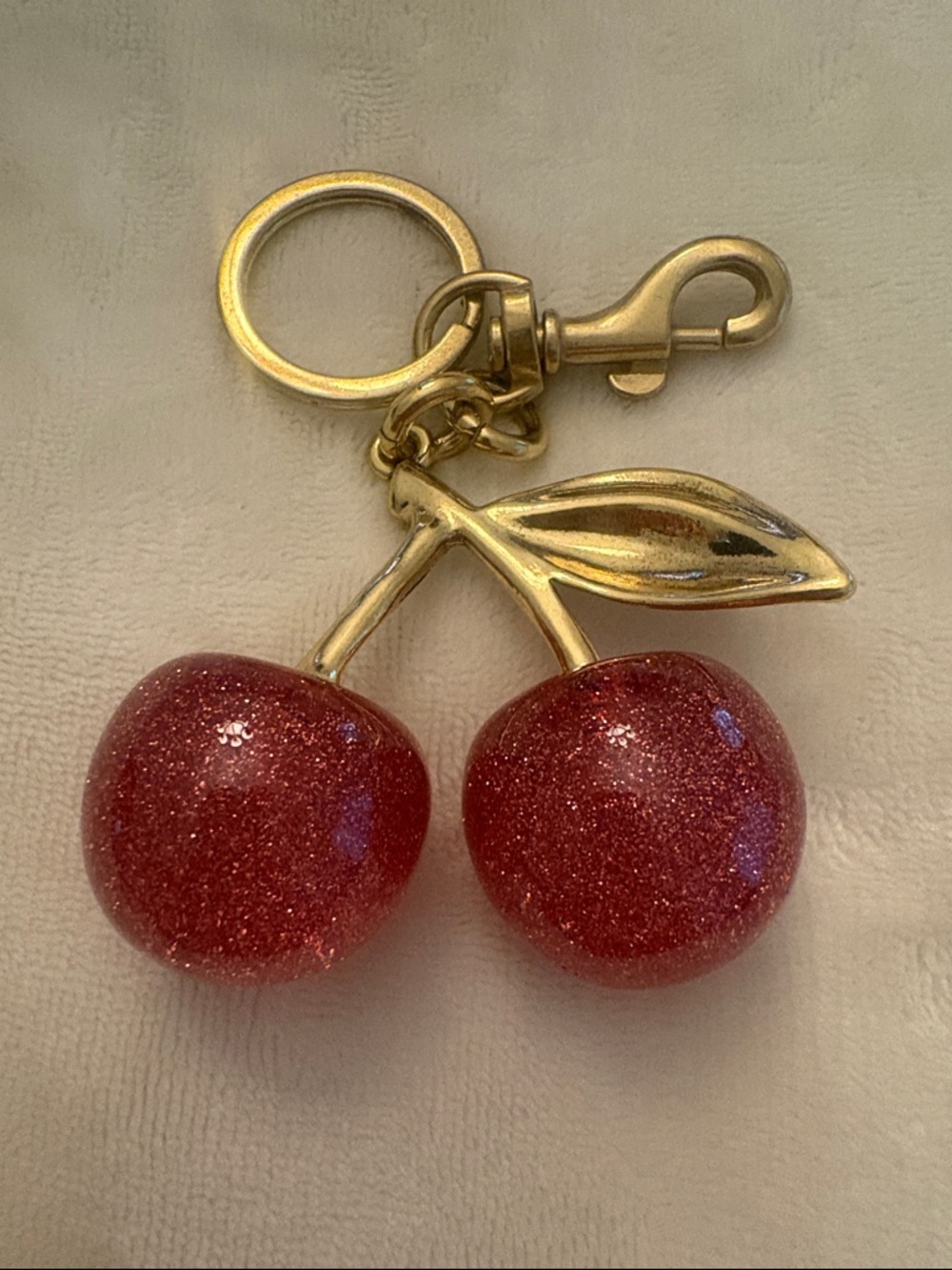 Gold-Tone Cherry Keyring with Red Glitter Charms